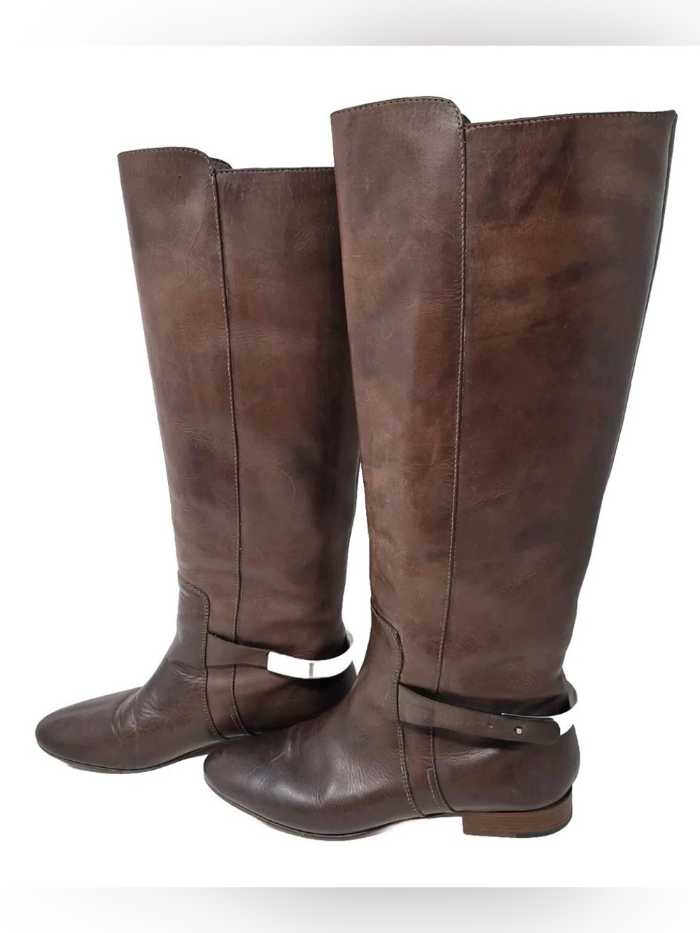 Chloe Tucson Classic Brown Leather Knee-High Riding Boots with Silver Buckle NEW